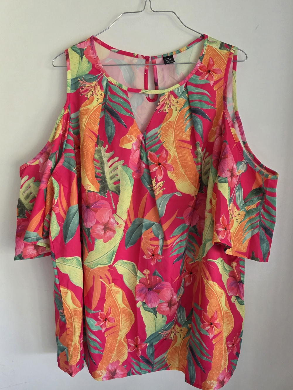 Tropical Cold-Shoulder Floral Blouse - Pink 2xl